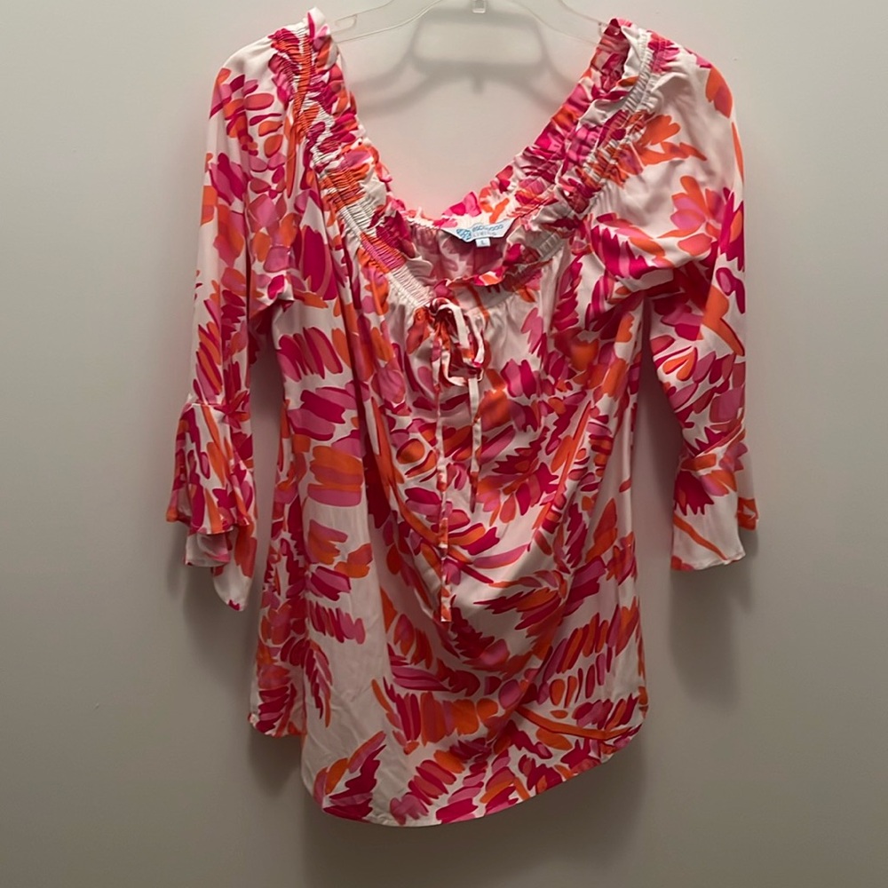 Escapada Pink and Orange Leaf Print Blouse with Bell Sleeves